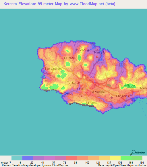 Kercem,Malta Elevation Map