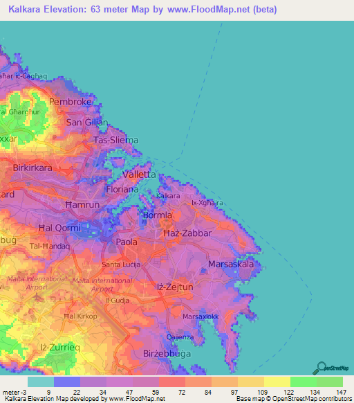 Kalkara,Malta Elevation Map