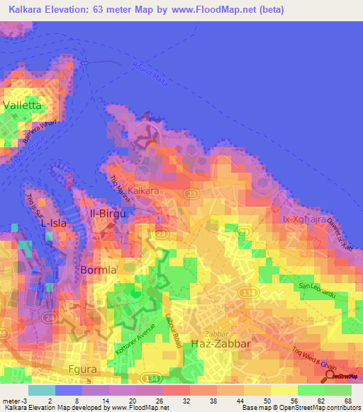 Kalkara,Malta Elevation Map
