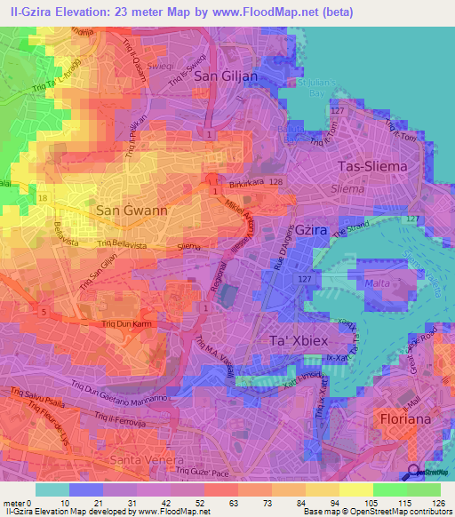 Il-Gzira,Malta Elevation Map