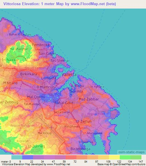 Vittoriosa,Malta Elevation Map