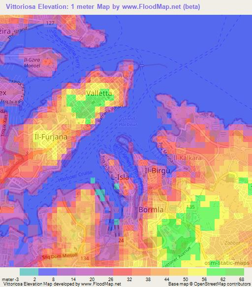 Vittoriosa,Malta Elevation Map
