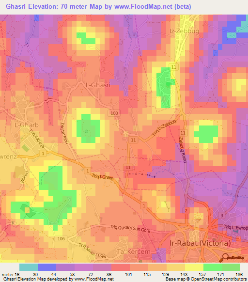 Ghasri,Malta Elevation Map