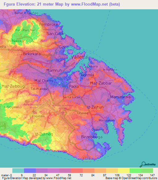 Fgura,Malta Elevation Map
