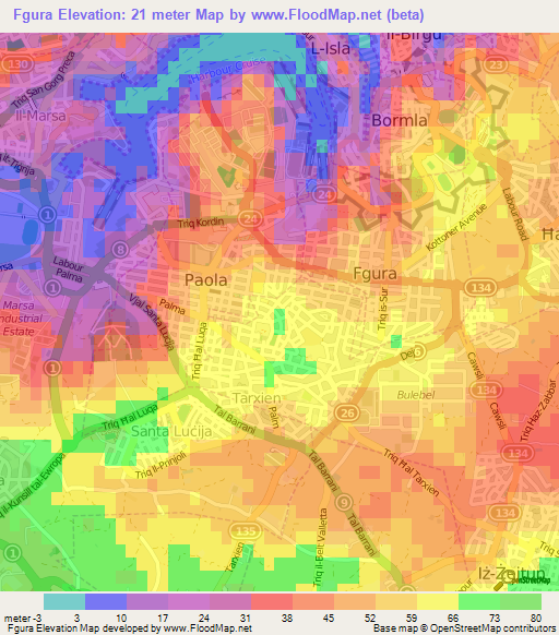 Fgura,Malta Elevation Map