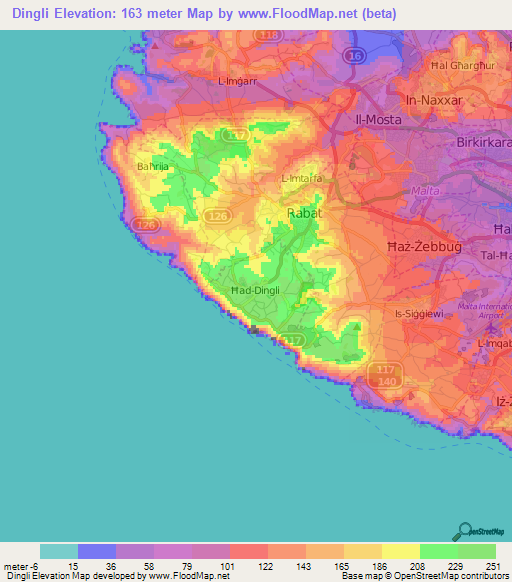 Dingli,Malta Elevation Map