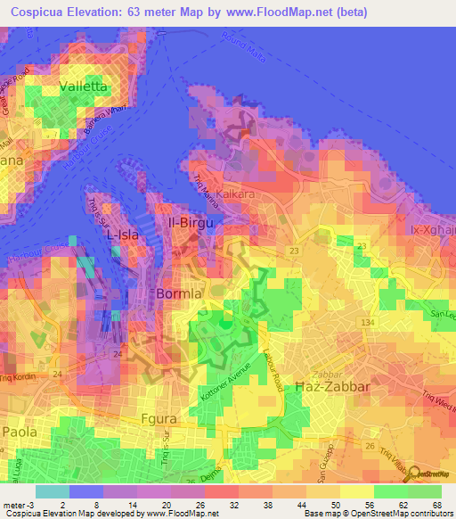 Cospicua,Malta Elevation Map