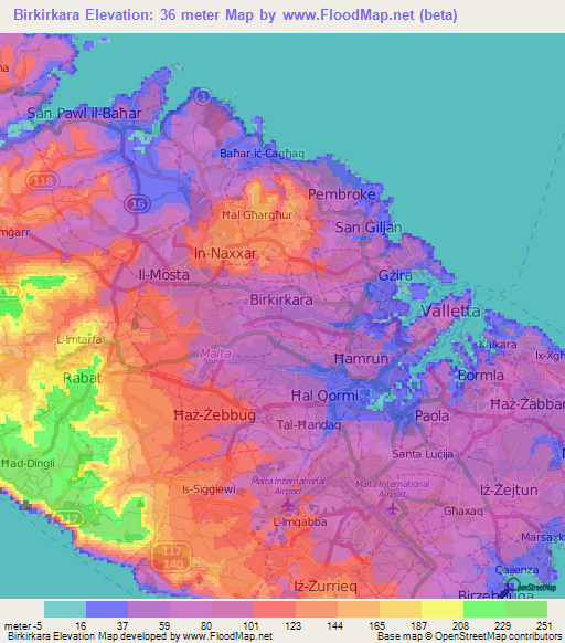 Birkirkara,Malta Elevation Map