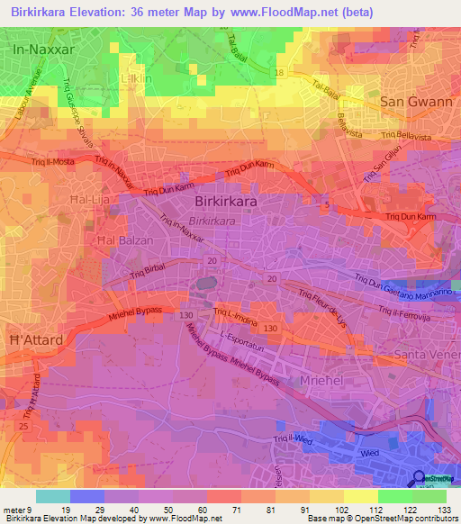 Birkirkara,Malta Elevation Map
