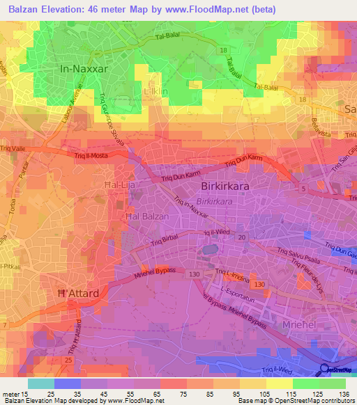 Balzan,Malta Elevation Map