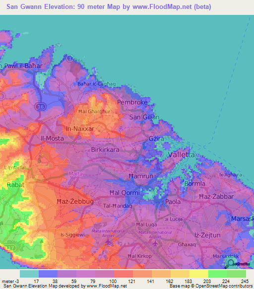 San Gwann,Malta Elevation Map
