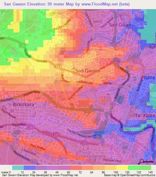 San Gwann,Malta Elevation Map