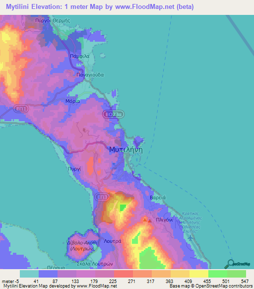 Mytilini,Greece Elevation Map