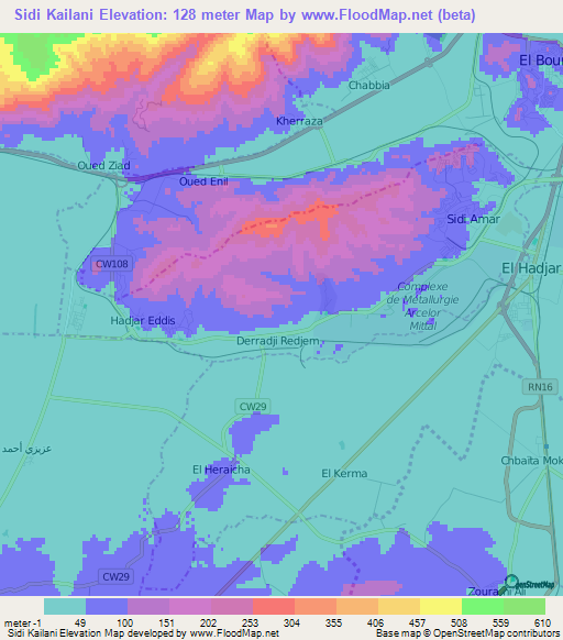 Sidi Kailani,Algeria Elevation Map