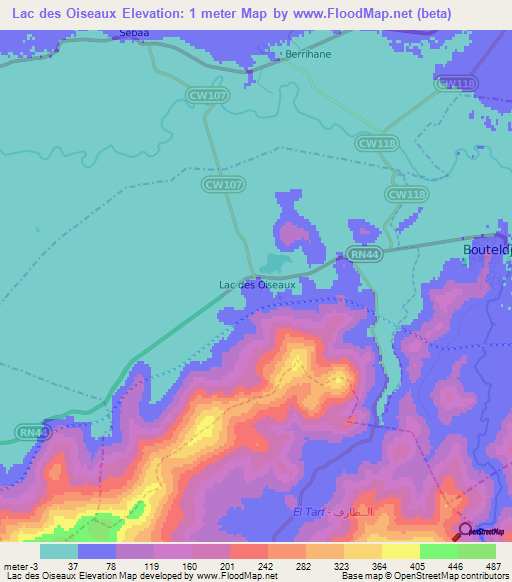 Lac des Oiseaux,Algeria Elevation Map