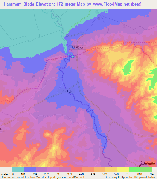 Hammam Biada,Tunisia Elevation Map