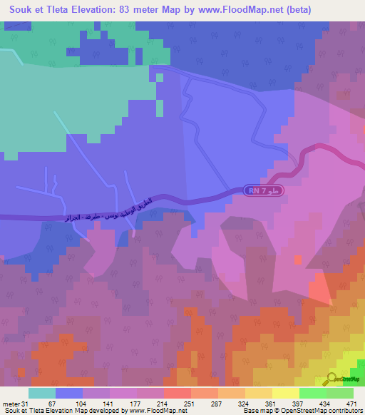Souk et Tleta,Tunisia Elevation Map