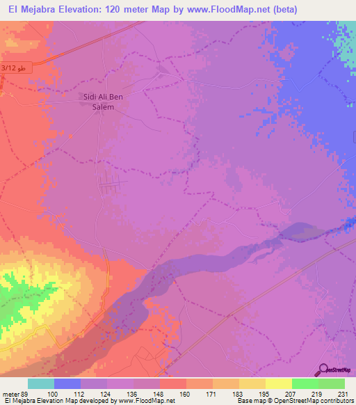 El Mejabra,Tunisia Elevation Map