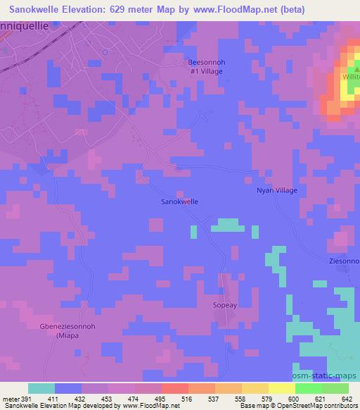 Sanokwelle,Liberia Elevation Map