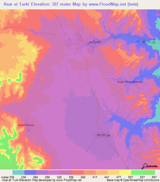 Ksar et Turki,Tunisia Elevation Map