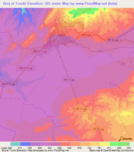 Borj et Tourki,Tunisia Elevation Map