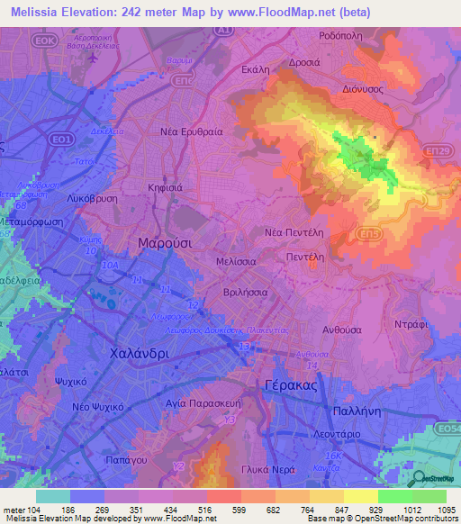 Melissia,Greece Elevation Map