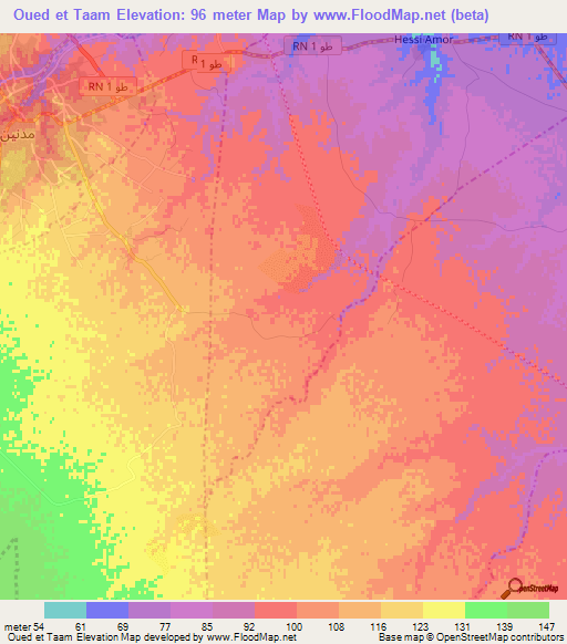 Oued et Taam,Tunisia Elevation Map