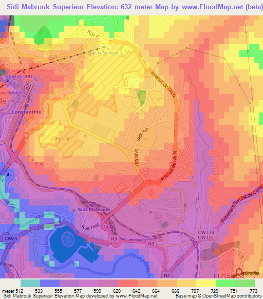 Sidi Mabrouk Superieur,Algeria Elevation Map