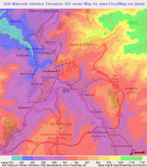 Sidi Mabrouk Inferieur,Algeria Elevation Map