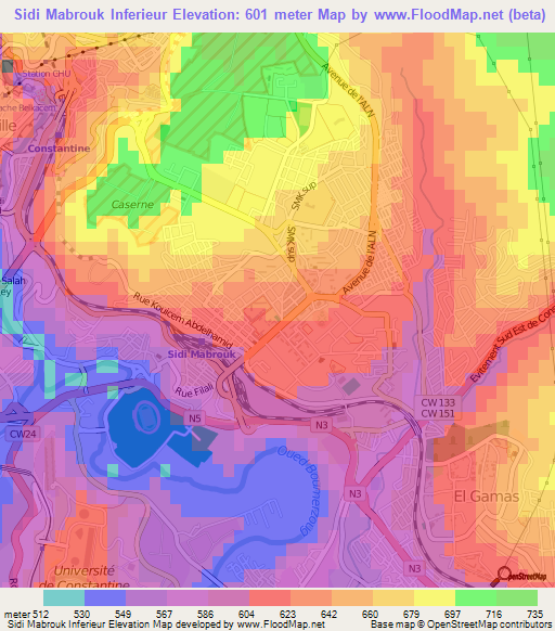 Sidi Mabrouk Inferieur,Algeria Elevation Map