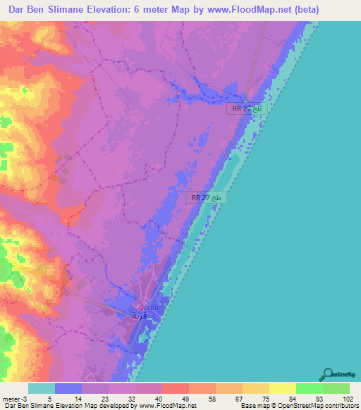 Dar Ben Slimane,Tunisia Elevation Map