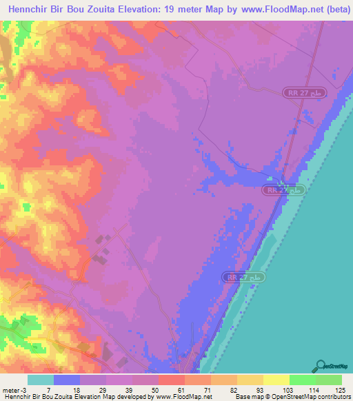 Hennchir Bir Bou Zouita,Tunisia Elevation Map