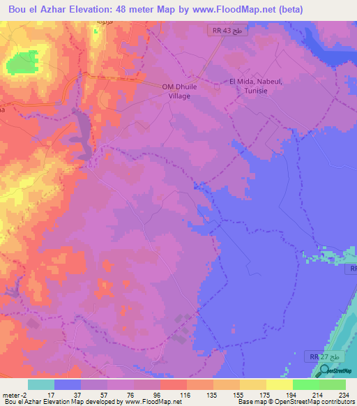 Bou el Azhar,Tunisia Elevation Map