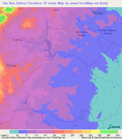 Dar Ben Zallout,Tunisia Elevation Map