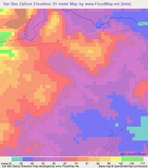 Dar Ben Zallout,Tunisia Elevation Map