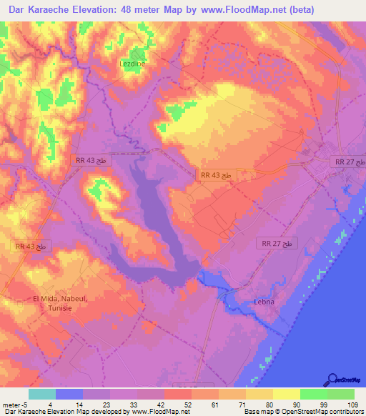 Dar Karaeche,Tunisia Elevation Map