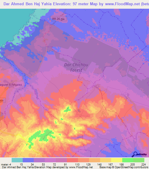 Dar Ahmed Ben Haj Yahia,Tunisia Elevation Map