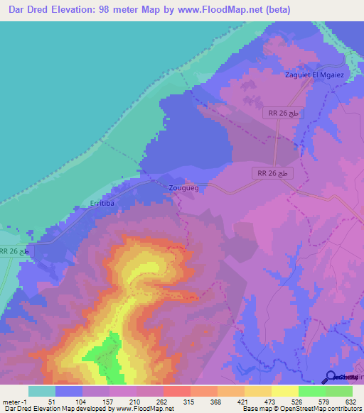 Dar Dred,Tunisia Elevation Map