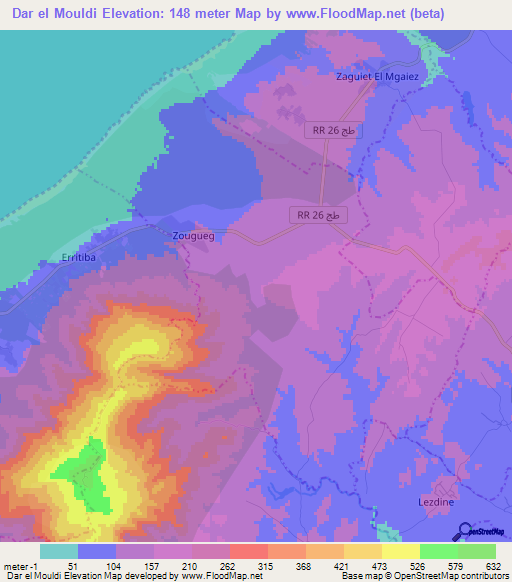 Dar el Mouldi,Tunisia Elevation Map