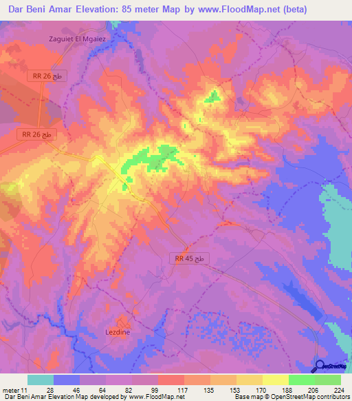 Dar Beni Amar,Tunisia Elevation Map
