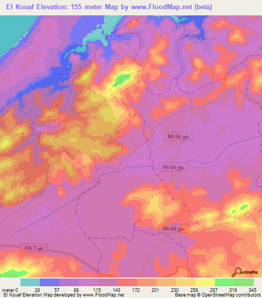 El Kouaf,Tunisia Elevation Map