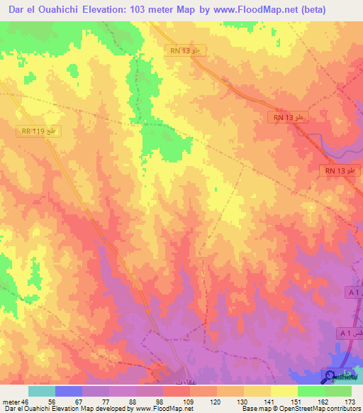 Dar el Ouahichi,Tunisia Elevation Map