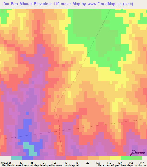 Dar Ben Mbarek,Tunisia Elevation Map