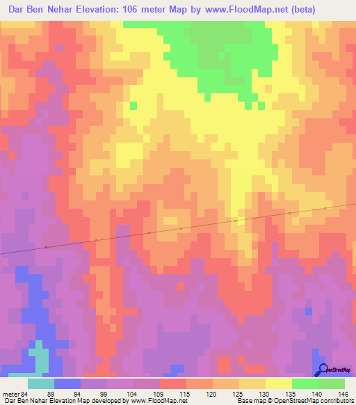 Dar Ben Nehar,Tunisia Elevation Map
