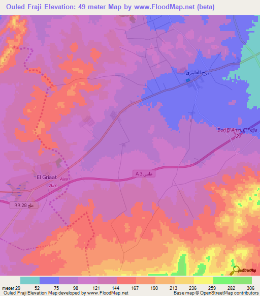 Ouled Fraji,Tunisia Elevation Map