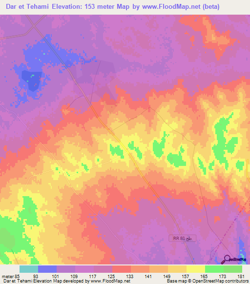Dar et Tehami,Tunisia Elevation Map