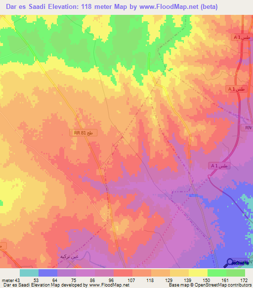Dar es Saadi,Tunisia Elevation Map