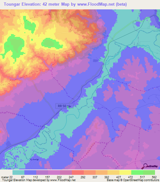 Toungar,Tunisia Elevation Map