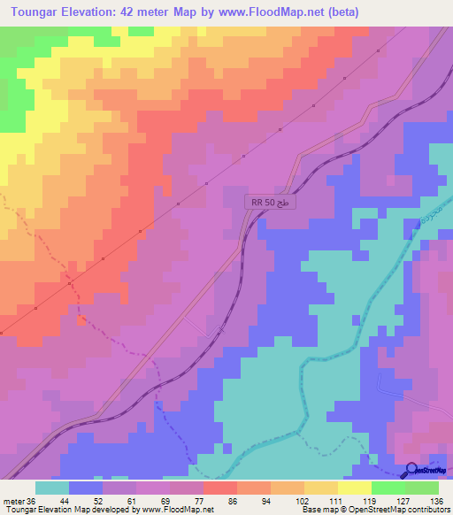 Toungar,Tunisia Elevation Map