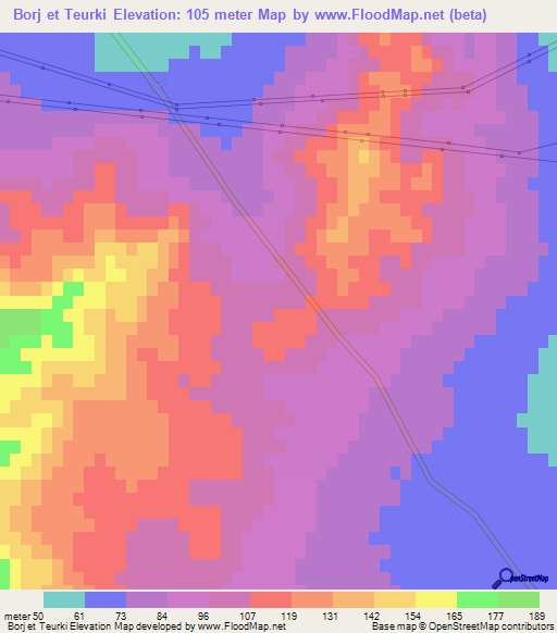 Borj et Teurki,Tunisia Elevation Map